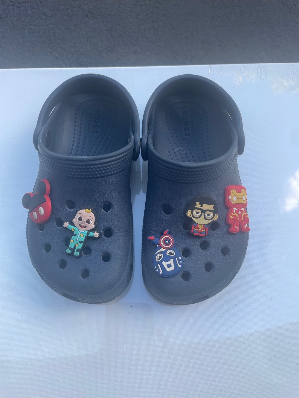 Kids Navy Clog Shoes with Superhero & Character Charms